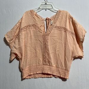 Self E Cropped Top Women XL Peach Crocheted Lace Trim Kimono Short Sleeve V-Neck